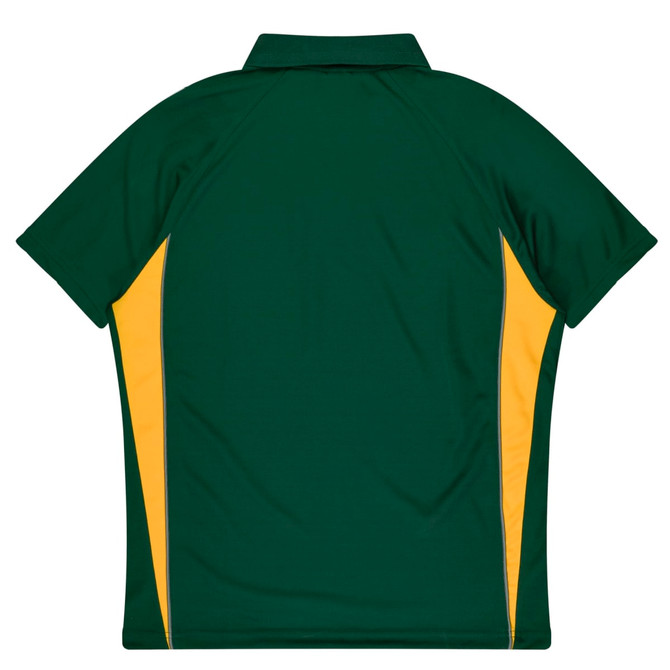 A green polo shirt with yellow side panels and a collar, featuring a logo on the back.
