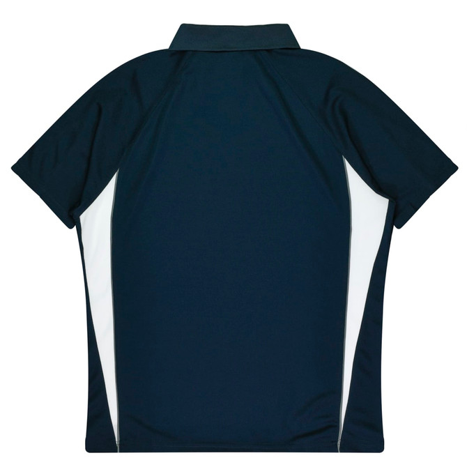A navy blue polo shirt with white side panels and a collar, featuring a logo.