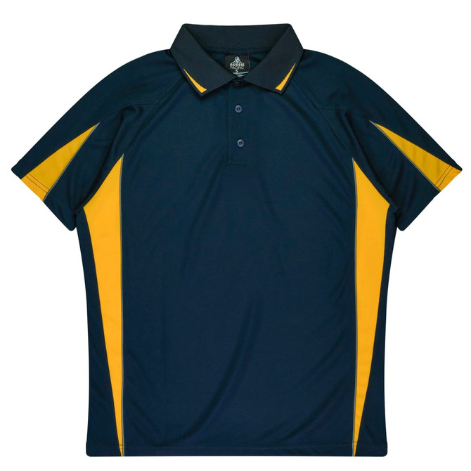 A navy blue polo shirt with yellow accents and a logo on the chest, featuring a classic collar and short sleeves.