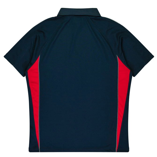 A navy blue polo shirt featuring red side panels and a collar. The shirt has a logo on it.
