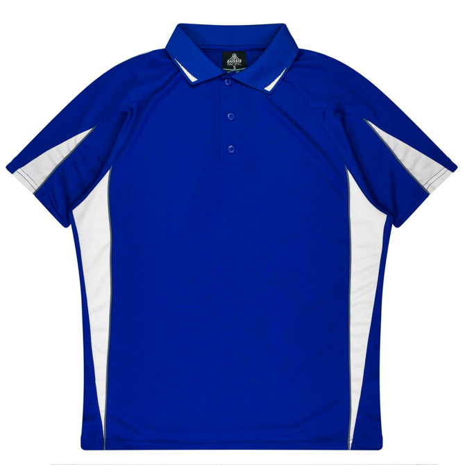 A blue polo shirt featuring white side accents and a collar, with a logo on the chest.