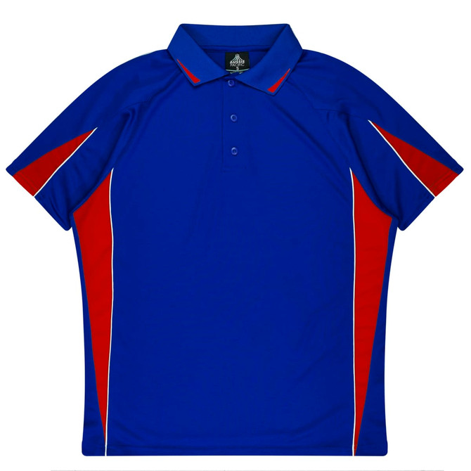 A blue polo shirt featuring red accents and a branding logo. It has a classic collar and button placket.