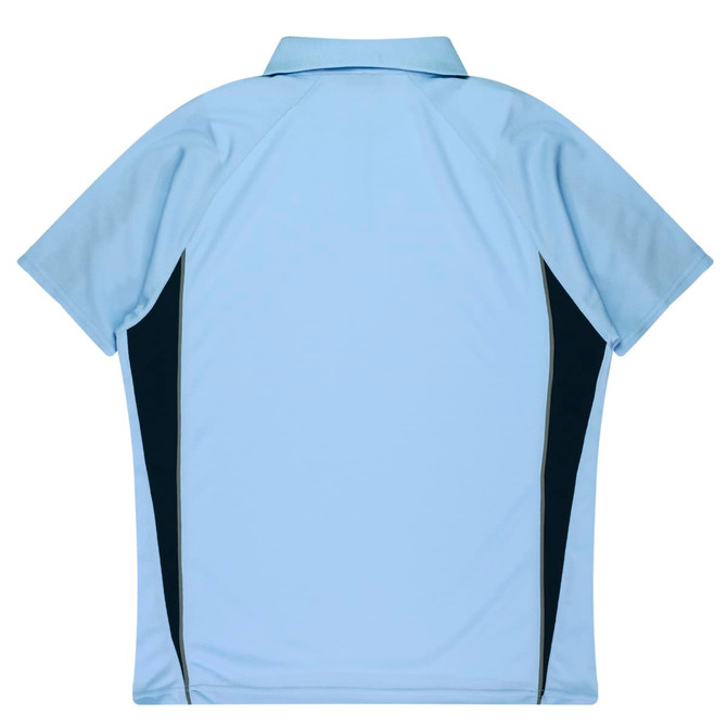 A light blue polo shirt with black side panels and a collar, featuring a logo on the chest.