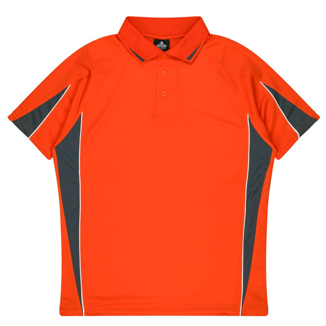 An orange polo shirt with grey accents and a logo, featuring a classic collar and short sleeves.