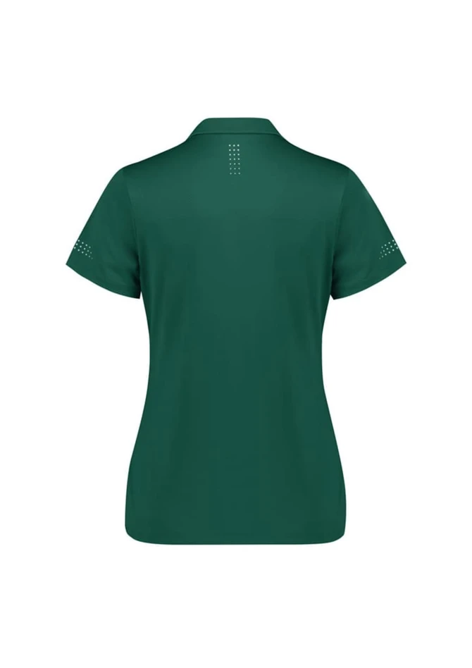 A women's short sleeve polo shirt in dark green, featuring a logo and decorative details on the sleeves.