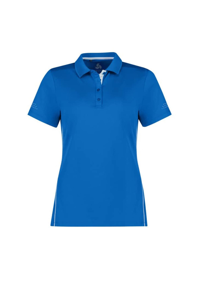 A blue women's short sleeve polo shirt with a collar and a logo. It features decorative detailing on the sleeves.