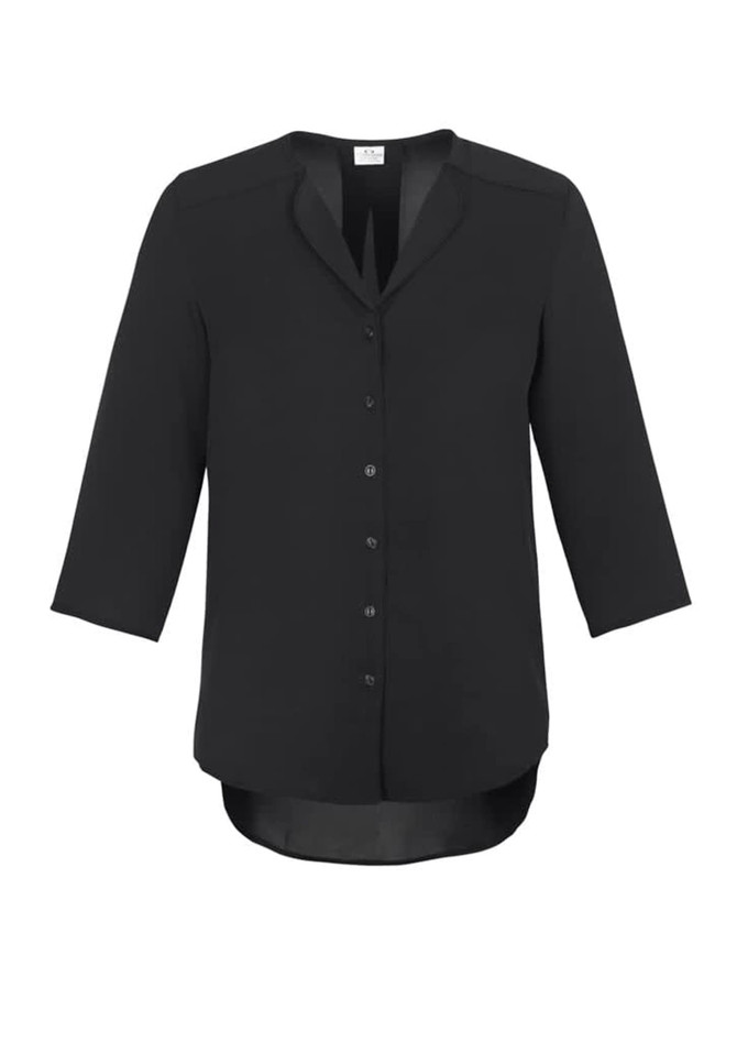 A black longline blouse with a button-up front and three-quarter sleeves. Features a rounded hem and a collar.