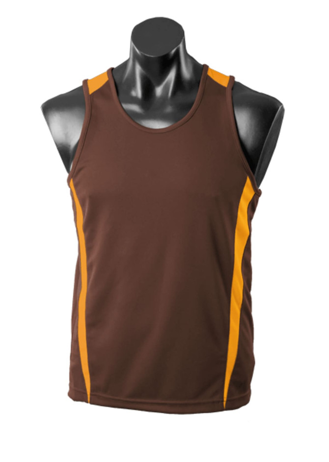 A brown singlet with orange side stripes, displayed on a mannequin. It features a logo on the front.