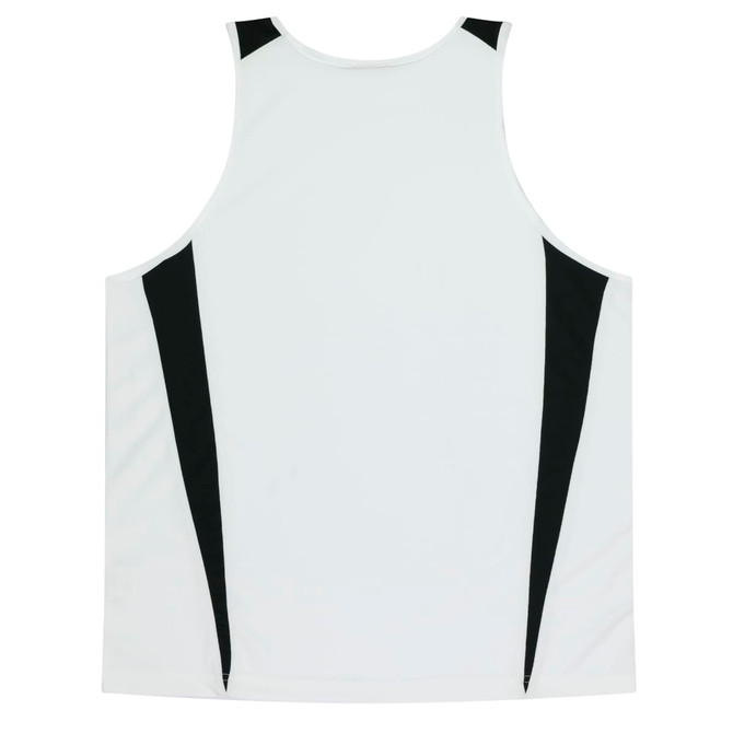 A white singlet featuring black accents on the sides, designed for kids, with a logo on the back.