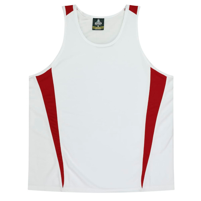 A white singlet with red side panels and a logo on the neck label. Suitable for kids' wear.