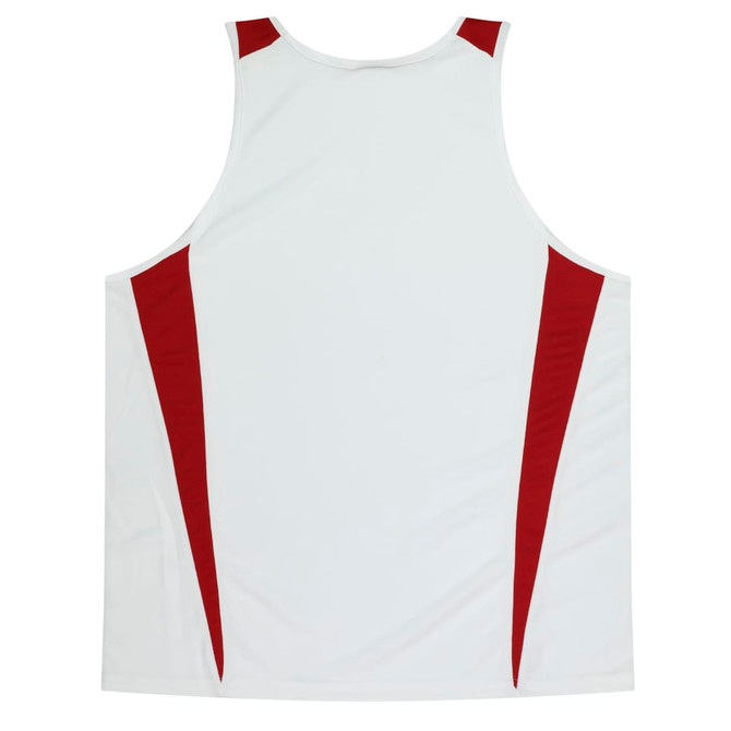 A sleeveless singlet featuring a white base and red detailing on the sides, with branding on the garment.