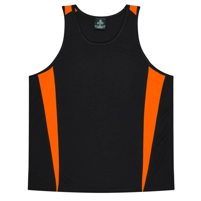 A black singlet with orange side panels and a logo on the upper section. Perfect for active wear.