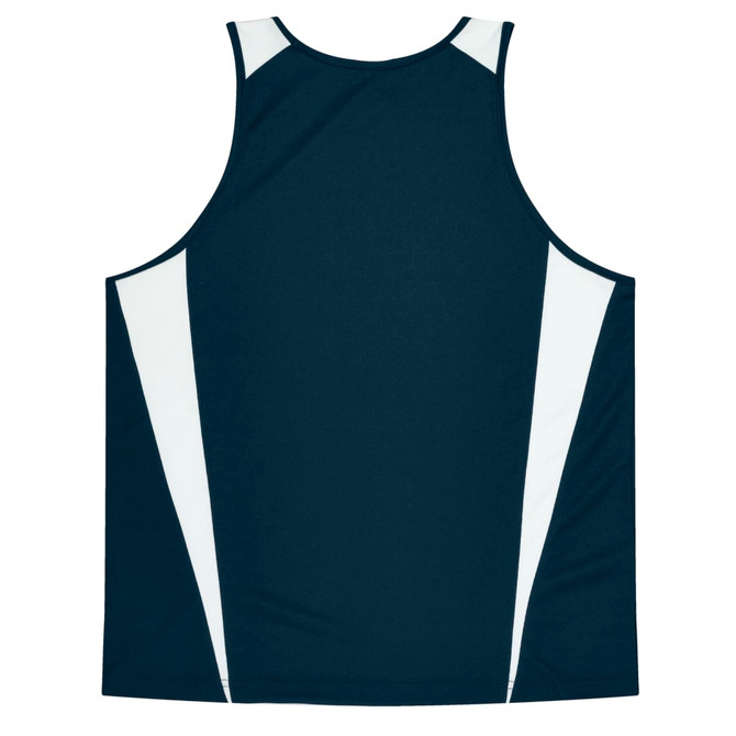A dark navy singlet featuring white side panels and a logo on the back.