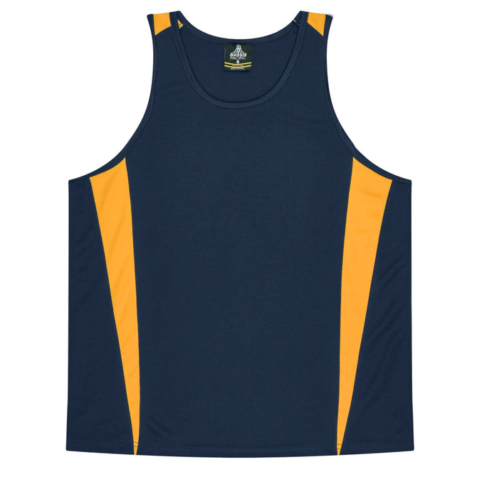 A navy blue singlet with yellow side panels and a logo on the neckline. Suitable for casual wear.