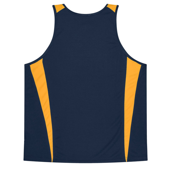 A navy singlet with yellow side panels and a branding logo. Suitable for casual wear.
