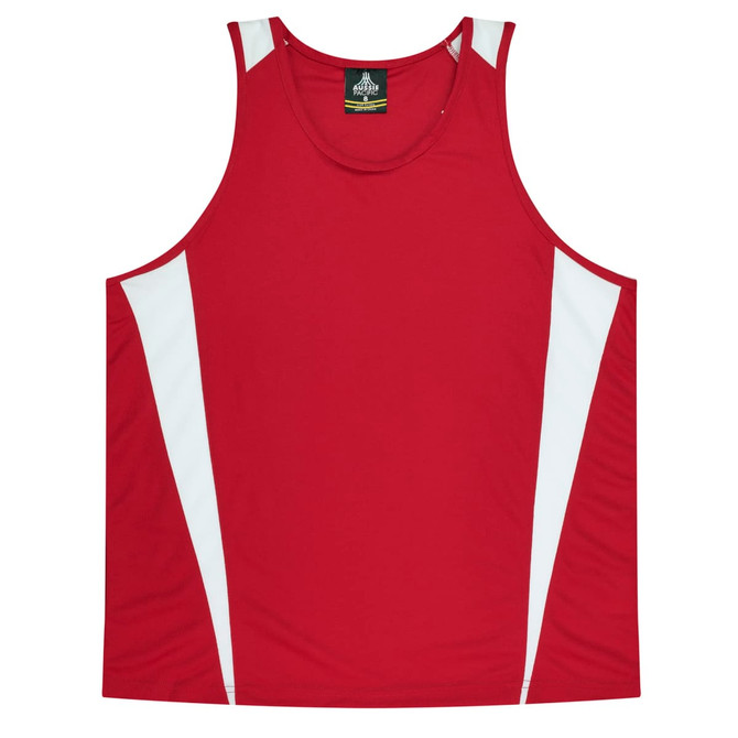 A red singlet with white panel accents, featuring a logo on the interior label.