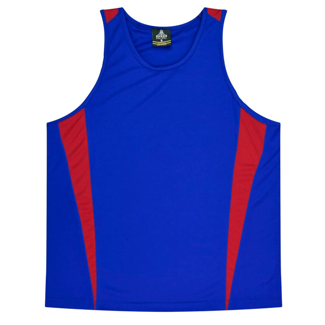 A blue singlet featuring red side panels and a logo on the neckline.