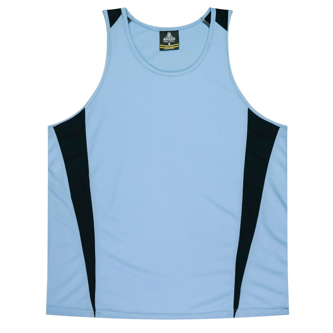 A light blue singlet featuring black side panels, with a logo on the neckline.