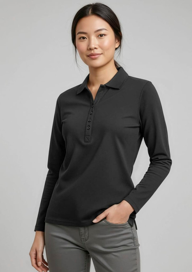 A long sleeve polo shirt in black, featuring a buttoned placket and a logo on the chest.