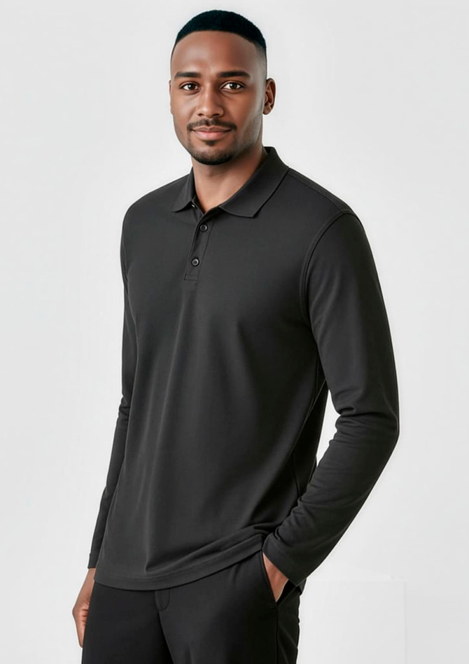 A black long sleeve polo shirt worn by a man, featuring a collar and a logo.