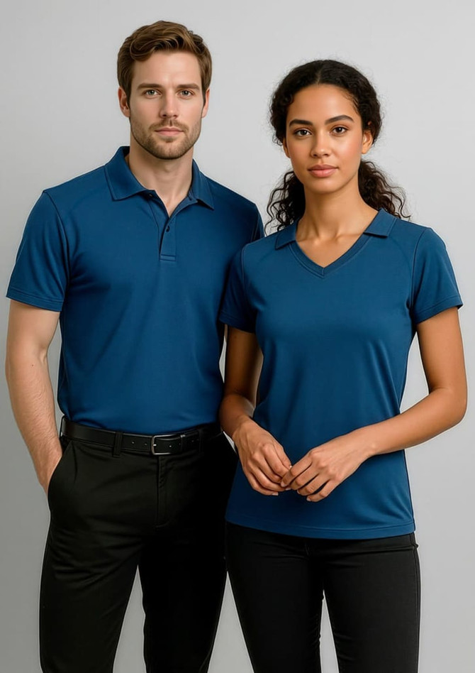 A blue women's polo shirt with short sleeves, featuring a collar and a logo, styled with black trousers.