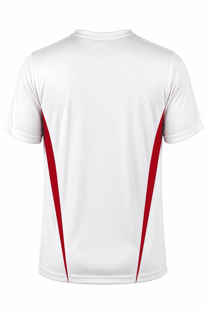 A white t-shirt with red side panels and a logo on the back. Short sleeves and a crew neck design.
