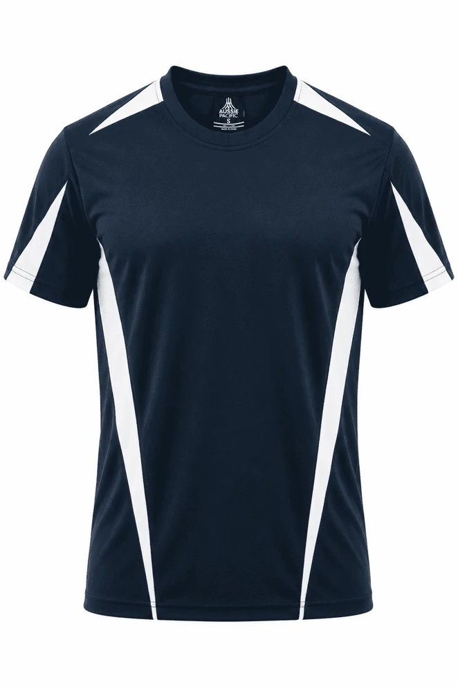 A navy blue t-shirt with white accents and a logo, featuring a sporty design.