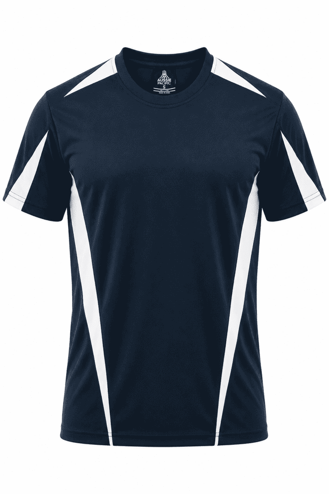 A navy blue t-shirt with white accents and a logo, featuring a sporty design.