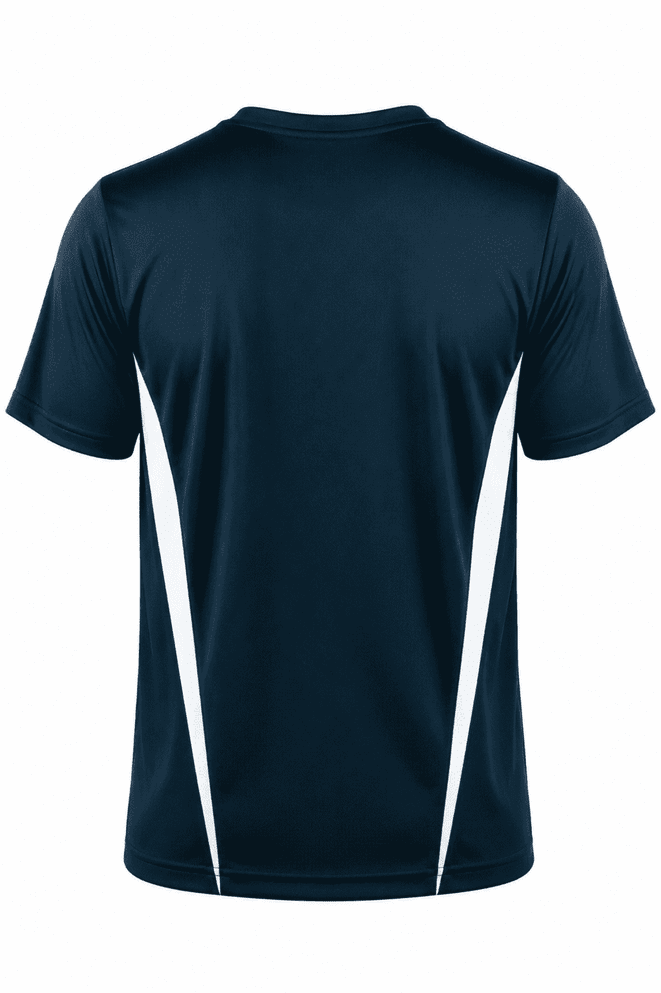 A navy blue men's t-shirt featuring white side panels and a logo on the back.