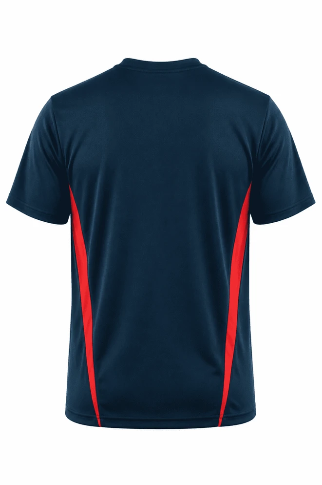 A navy t-shirt featuring red side panels and a logo on the fabric.