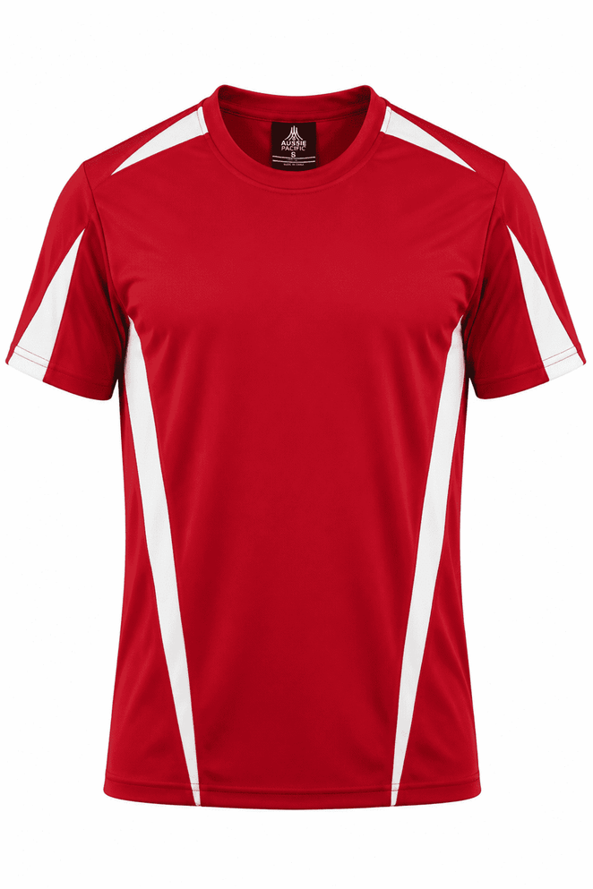 A red men's T-shirt with white side panels and a logo on the chest. Suitable for casual or sporting wear.