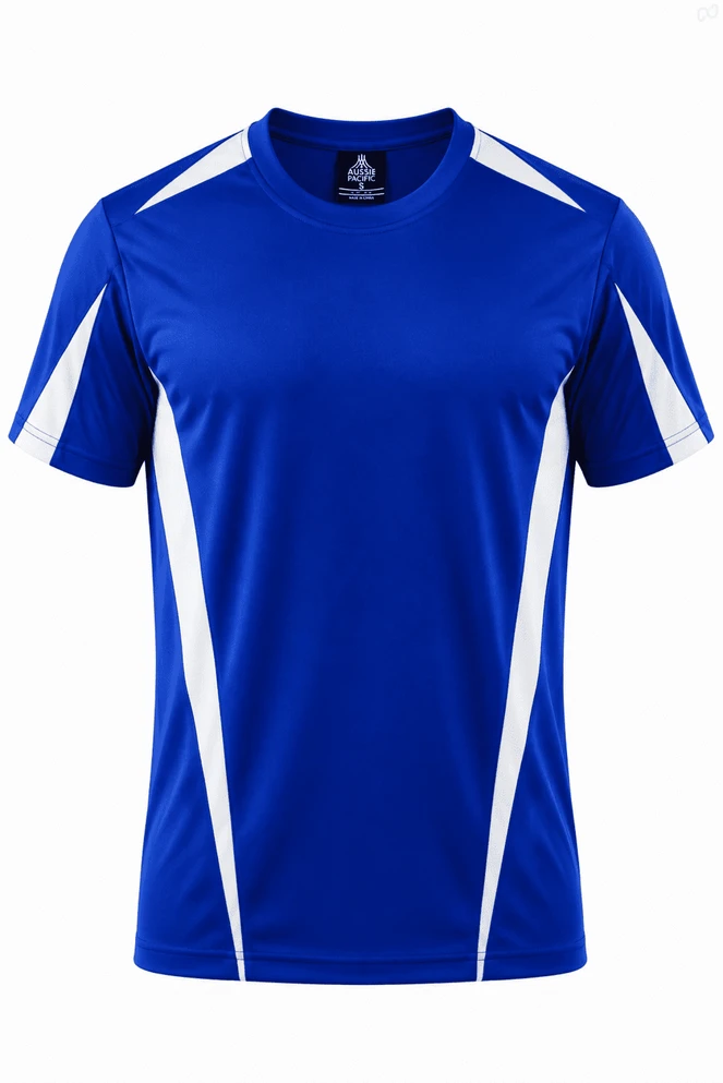 A blue t-shirt with white accents and curved lines, featuring a logo on the upper area.