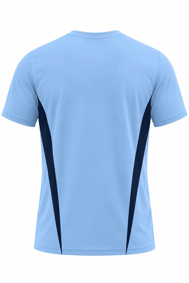 A light blue men's t-shirt featuring dark navy side panels and a logo.