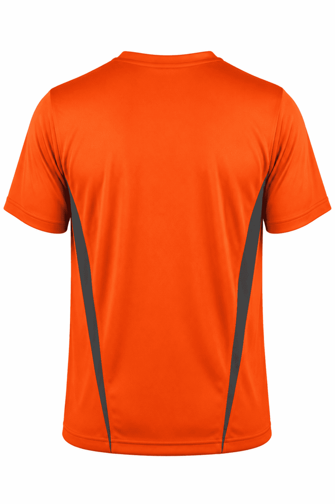 An orange men's T-shirt featuring contrasting dark grey side panels and a logo.