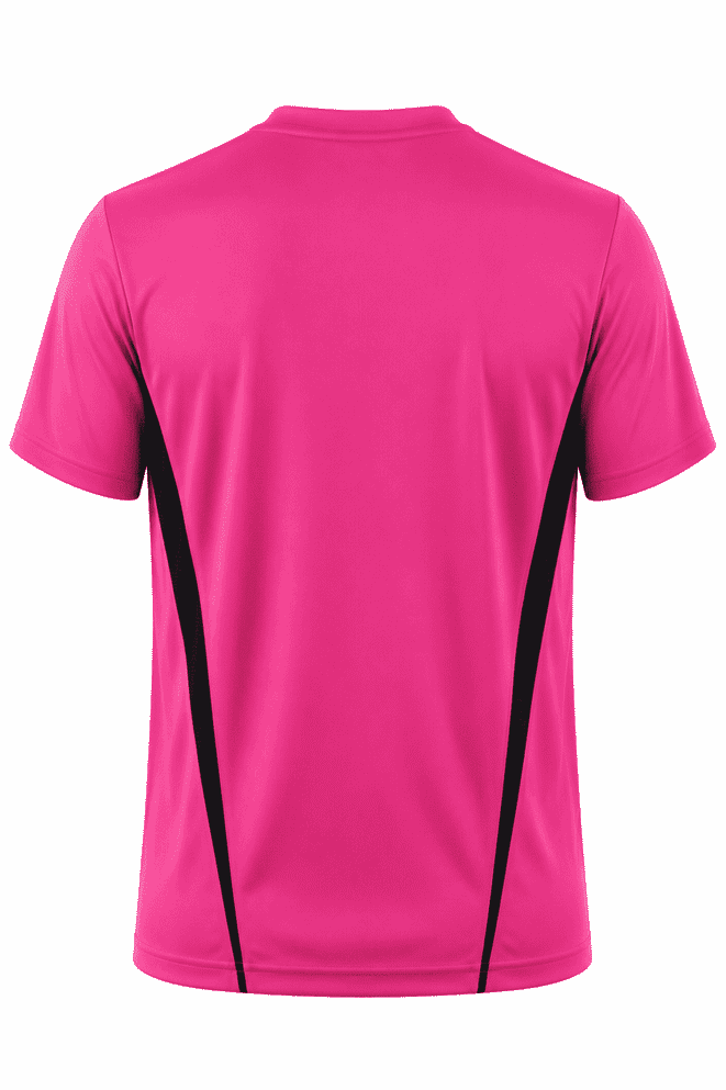 A pink t-shirt with black side panels and a round neckline, featuring a logo on the back.