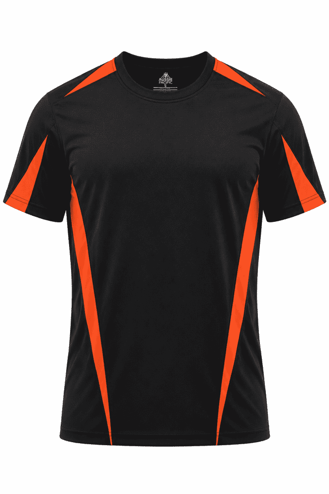 A black T-shirt with orange accents and a logo, designed for menswear.