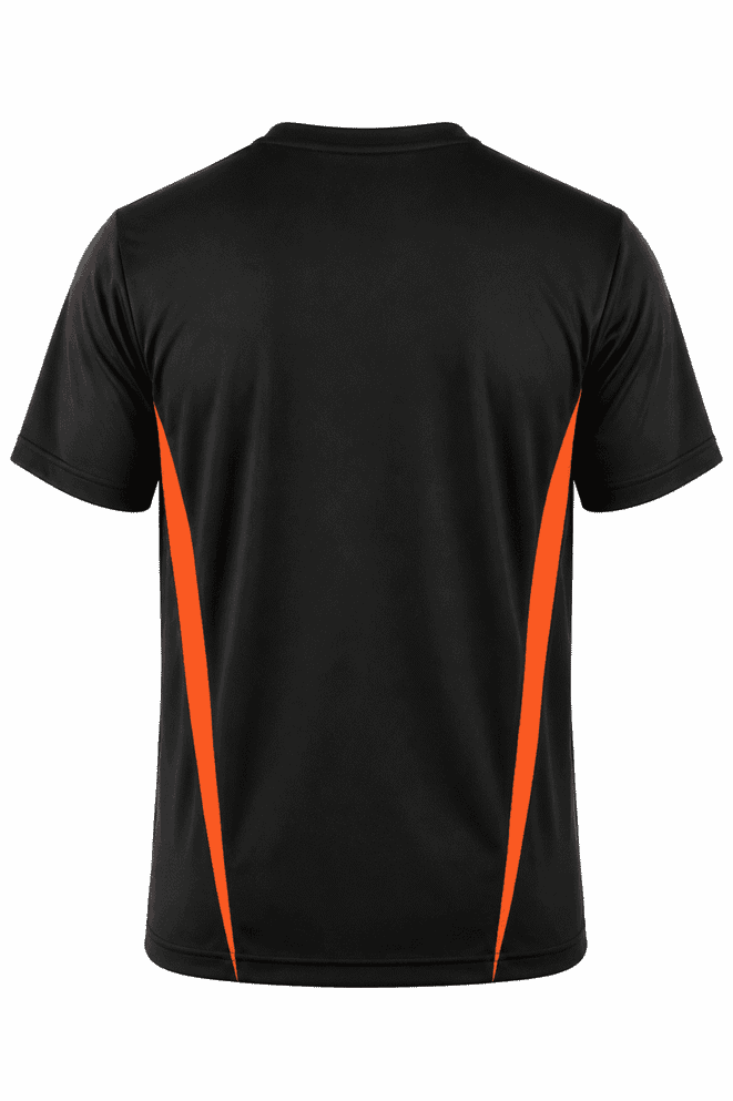 A black men's t-shirt featuring orange side panels and a logo on the back.