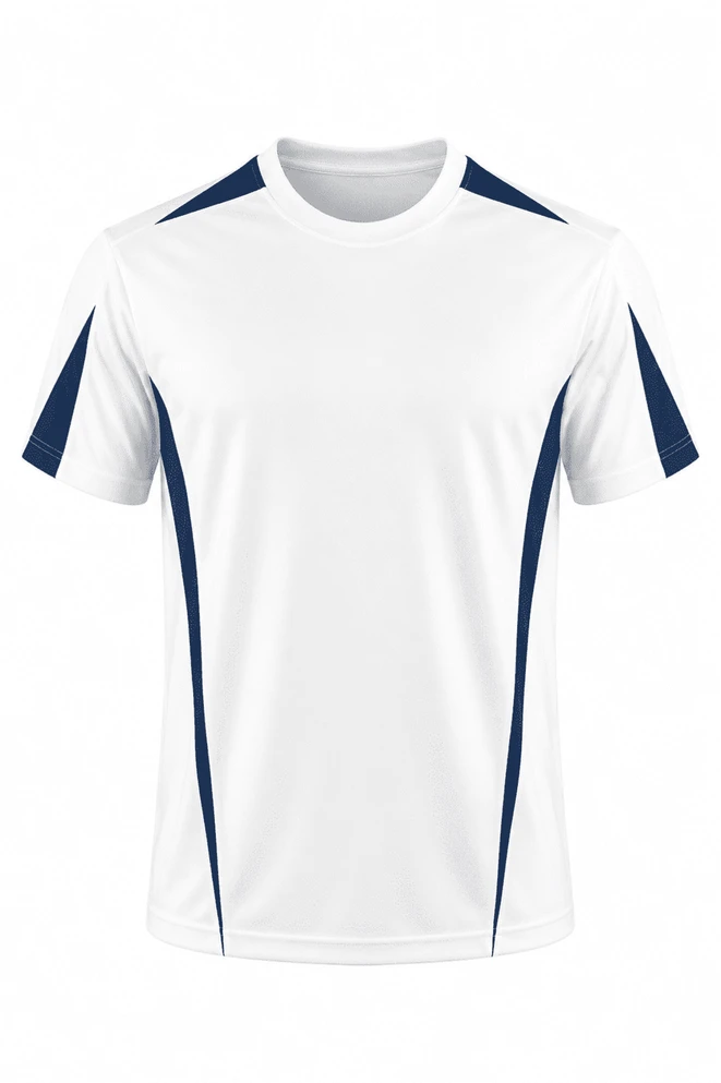 A white T-shirt with navy blue accents on the shoulders and sides. It features a logo on the front.