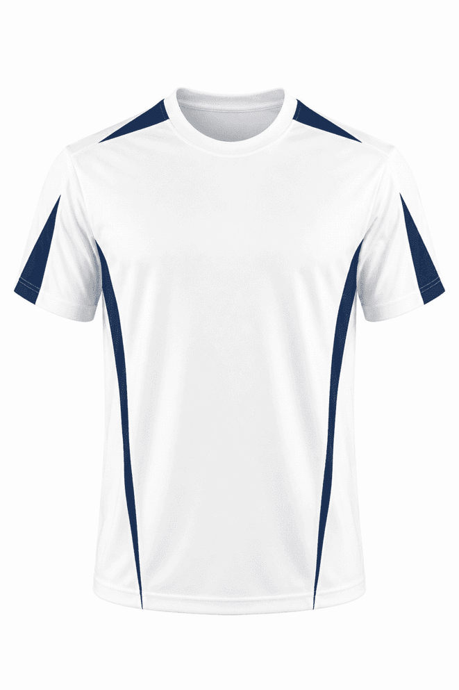 A white T-shirt with navy blue accents on the shoulders and sides. It features a logo on the front.