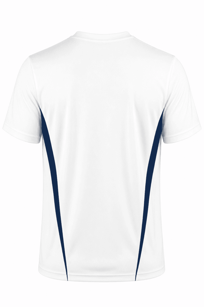 A white t-shirt featuring navy side stripes and a branding logo on the back.