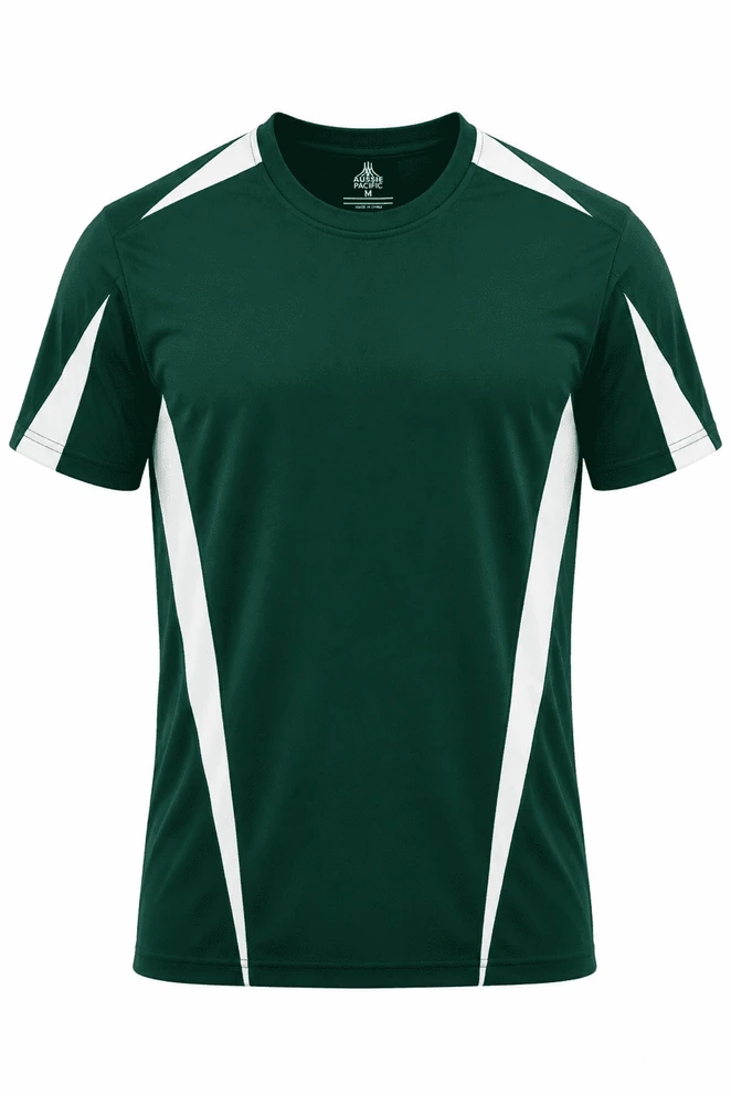 A dark green men's t-shirt with white side panels and a logo on the front. Suitable for casual or sporty wear.