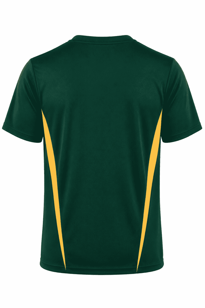 A green T-shirt with yellow side panels and a crew neck design, featuring a logo on the back.