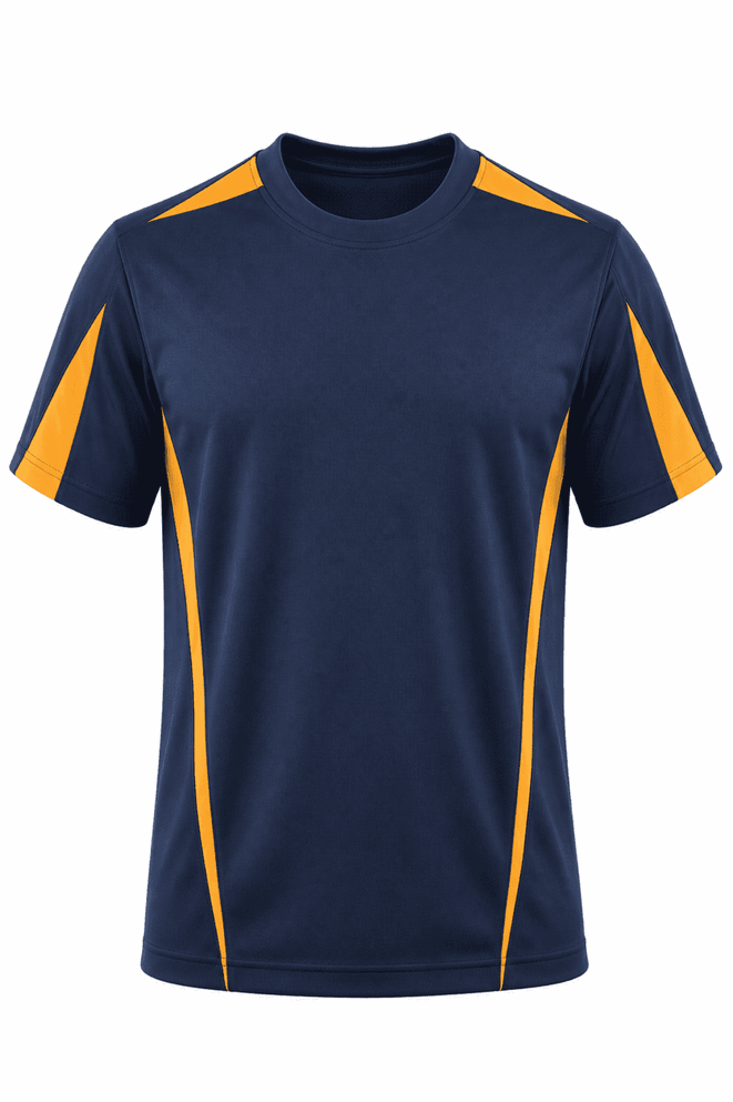 A navy blue T-shirt with orange accents on the shoulders and sides. The shirt has a logo on it.