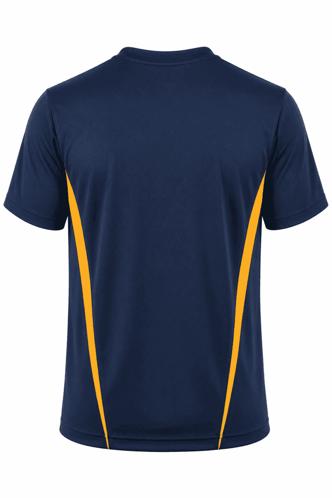 A navy blue men's t-shirt with yellow side accents, featuring a logo on the back.