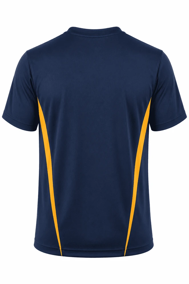 A navy blue men's t-shirt with yellow side accents, featuring a logo on the back.