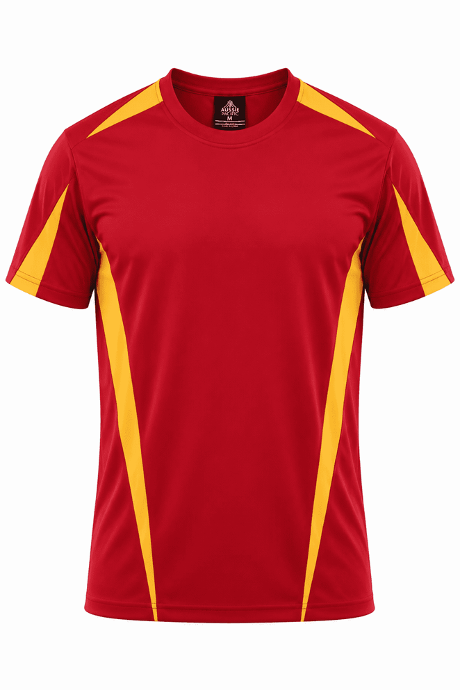 A red t-shirt with yellow side panels and a logo on the chest. Suitable for casual wear or sports activities.