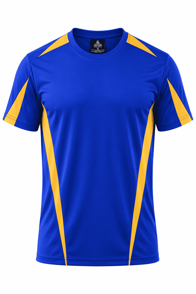 A blue and yellow men's t-shirt featuring contrasting panels and a logo.