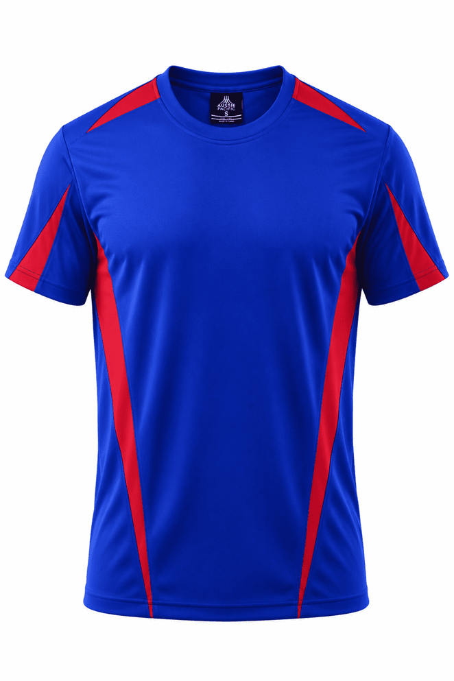 A blue t-shirt with red accents and a logo on the chest. Suitable for casual wear or sports activities.