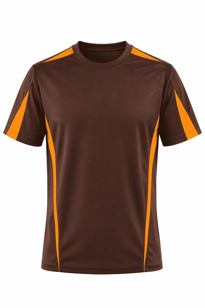 A brown T-shirt with orange side panels, featuring a logo on the front.