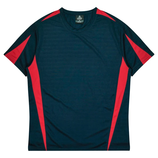 A navy and red T-shirt featuring sporty side stripes and a logo on the neckline.